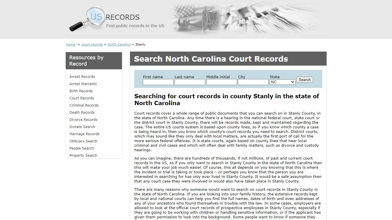 Search Court Records Stanly North Carolina | US Records