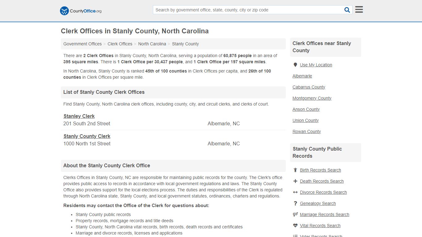 Clerk Offices - Stanly County, NC (County & Court Records)